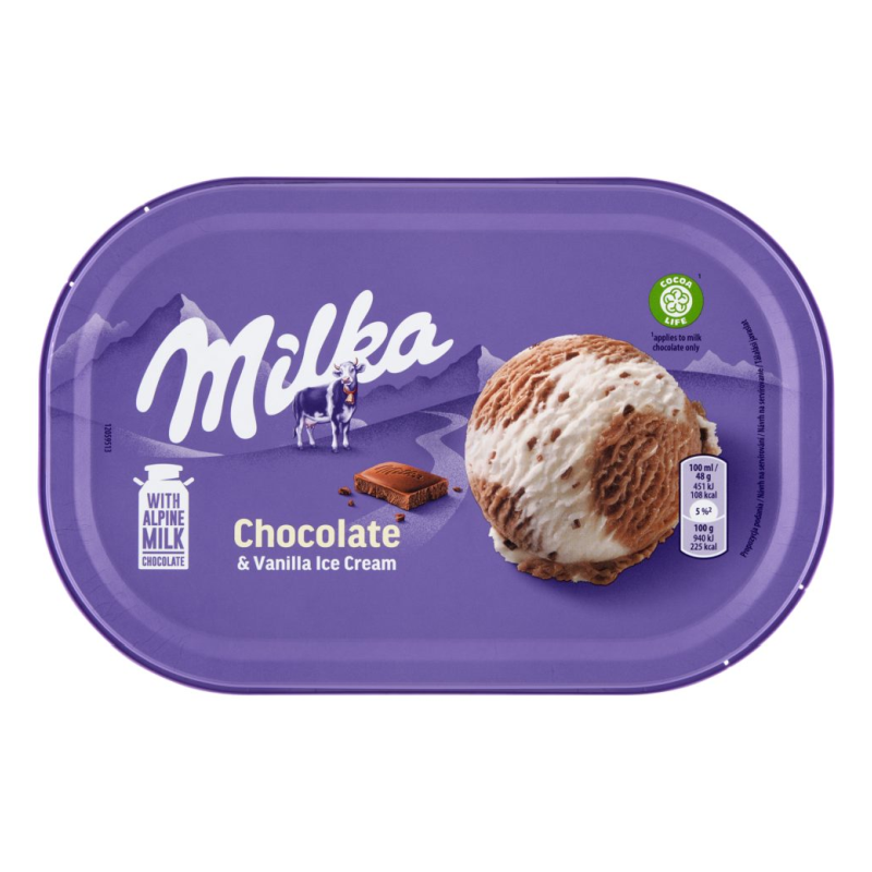 Milka jégkrém 900 ml tejcsokoládés és vaníliaízű, tejcsokoládédarabokkal
